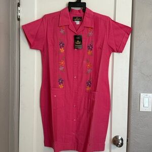 Pink Embroidered Button-Down Dress